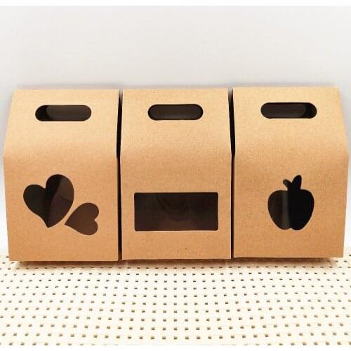 50Pcs Brown Kraft Paper Bags With Three Kind Clear PVC Windows for Jewelry/Apple/Cake Christmas Eve Gifts Carrying Packing Box