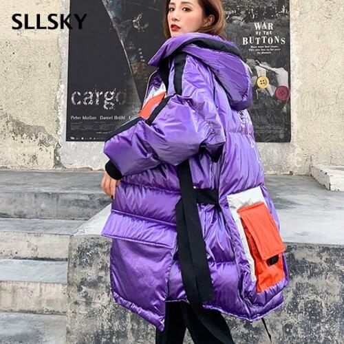 SLLSKY Fashion Loose Glossy Jacket Women 2021 Winter New Letter Printing Female Coat Hooded Thick Warm Windproof Outwear Parkas