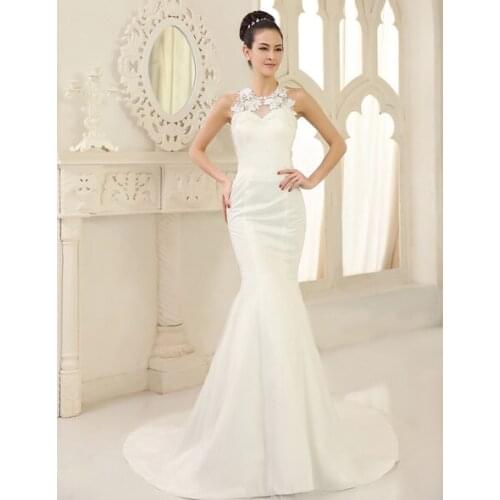 Wedding Dresses Mermaid Bridal Dress Lace Applique Satin Illusion Keyhole fishtail Wedding Gown new style hig neck halter