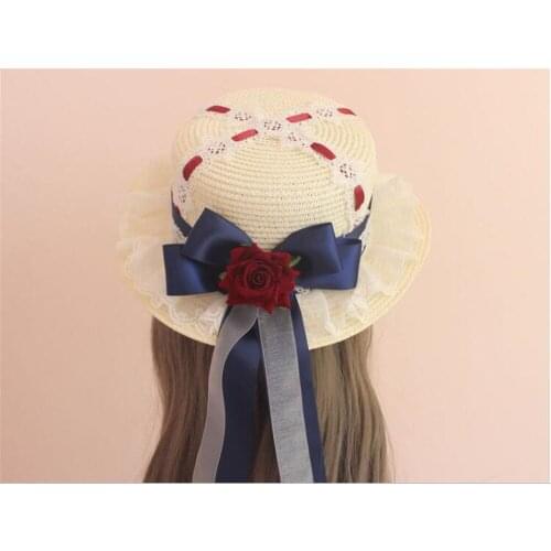 Lolita Tea Party Lace Big Bow Ribbon Summer Straw Hats Womens Beach Sun Hat Mori Girl Princess Cap B1331