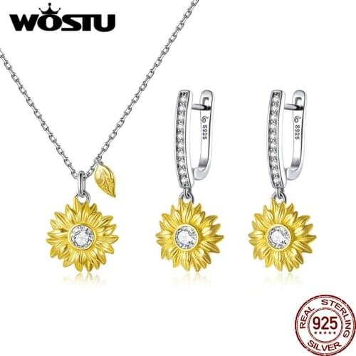 WOSTU Genuine 925 Sterling Silver Sunflow Jewelry Set Stud Earrings & Necklace Chain For Women Luxury Jewelry S222
