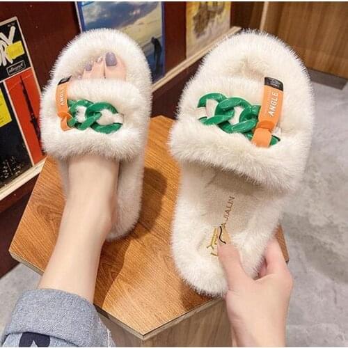 Female Furry Slippers Winter Shoes Outer Wear Fashion Colorful Metal Chain Thick Bottom Warm Plush Shoes Womens Fur Slides