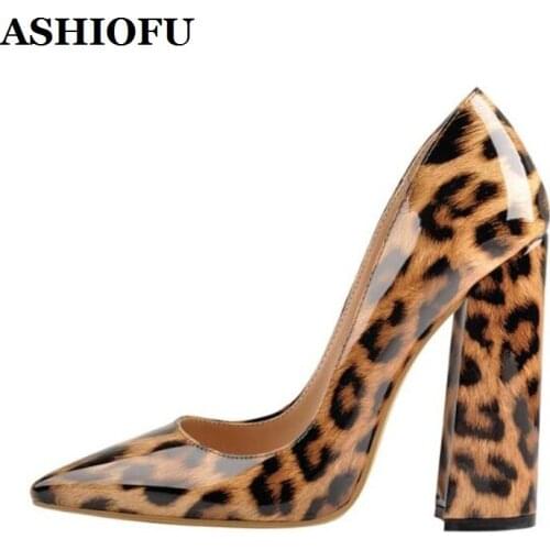 ASHIOFU 2020 New Handmade Chunky Heel Pumps Leopard Pointed Toe Bright Leather Party Shoes Sexy Evening Club Fashion Court Shoes