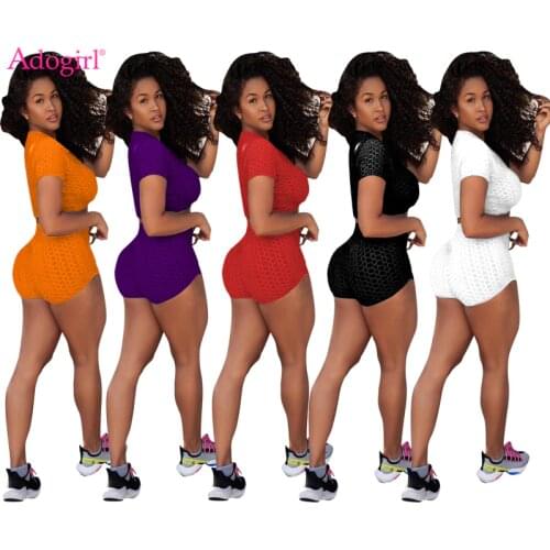Adogirl Women Solid Knitted Jacquard Two Piece Set Tracksuit Short Sleeve Crop Top Shorts Summer Casual Active Gy Fitness Suit