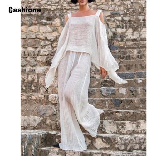 Cashiona 2021 Summer Ladies Elegant Fashion Two Pieces Set Long Sleeve Top Wide Leg Pant Plus size 5xl Women Casual 2PCS Outfits