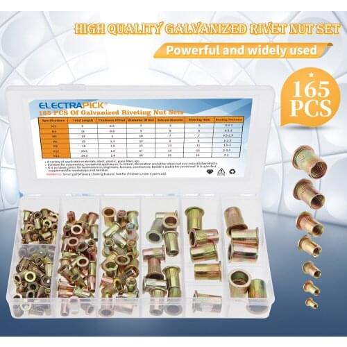 Electrapick 165pcs M3 M4 M5 M6 M8 M10 M12 Carbon Steel Rivetnuts Blind Nuts Set Threaded Insert Nutsert Flat Head Cap Rivet Nuts