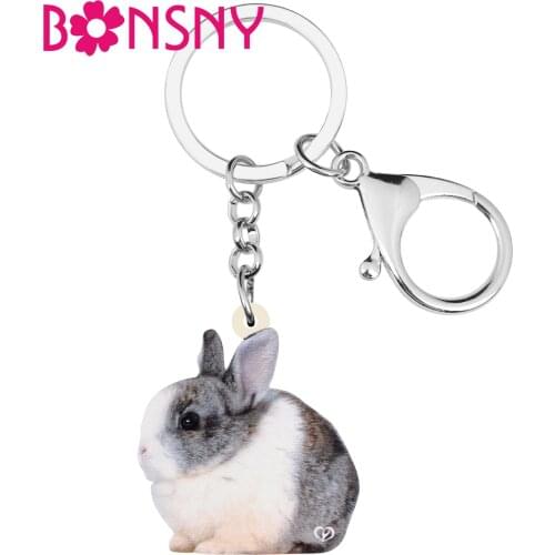 Bonsny Acrylic Gray Easter Hare Rabbit Bunny Keychains Pet Animal Keyring Jewelry For Women Kids Classic Gift Bag Car Accessory