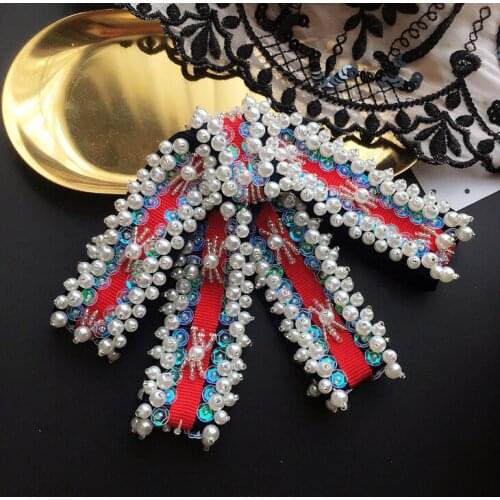 Free shipping new fashion woman girl lady female college wind bow tie pearl red brooch Headdress headwear