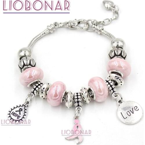 DIY Breast Cancer Awareness Bracelet Jewelry Snake Chain Love Hope Pink Ribbon Charm Bracelets for Cancer Center Foundation Gift