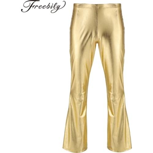 Sexy Fashion Faux Leather Pants Skinny Mens Bottoms Shiny Metallic Disco Flare Pants Bell Bottom Trousers Elastic Waist Pants