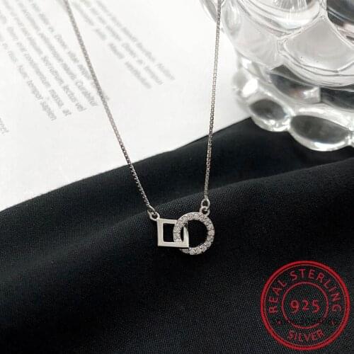 925 Sterling Silver Square Round Necklace for Women Geometric CZ Clavicle Chain Jewelry Gifts S-N741