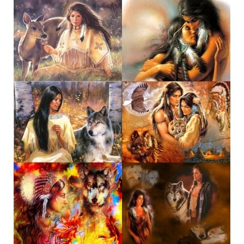 Indian woman and wolf Landscape Cross Stitch Diy Indian woman Full Diamond Painting Kits Cross Stich Lovers Diamond Embroidery
