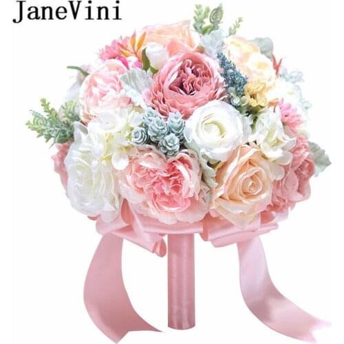 JaneVini Romantic Pink/Purple Wedding Bridal Bouquets Handmade Silk Flowers Bride Brooch Accessories Bouquet Rose Artificielle