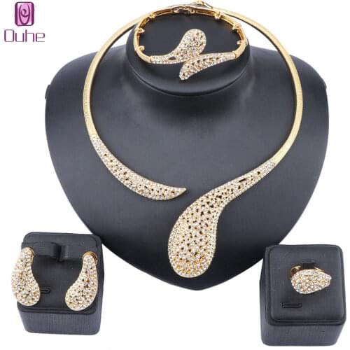 Dubai Crystal Jewelry Sets Classic Party Necklace Bracelet Earrings Ring for Women Wedding Bride Gift Jewelry Set