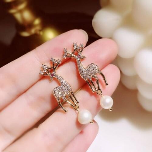 Cute Christmas Elk Earring for Women Yellow Gold color 925 Silver Pearl Pendant Drop Earrings Elegant Party Earring Jewelry