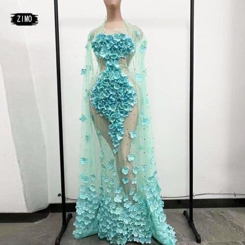Fashion Stage Celebrate Outfit party See through Long Dress Womens Birthday Costume Prom Green Flower Tail Dresses Evening fairy