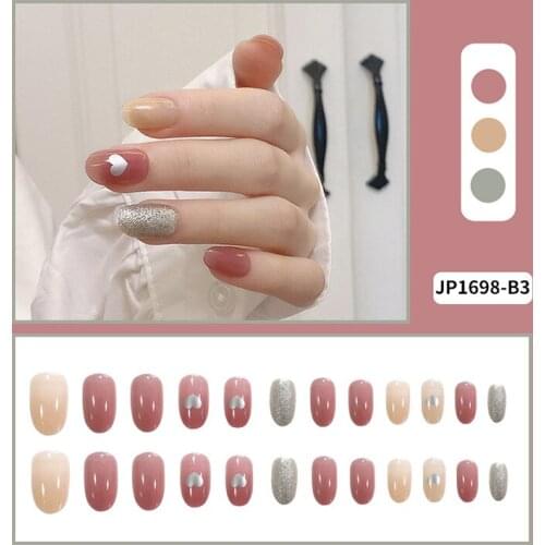 Fake Nails Short Round Head Bean Paste Powder Love Nail Stickers Finished Nail Stickers 24 Pcs Nail Stickers With Glue MH88