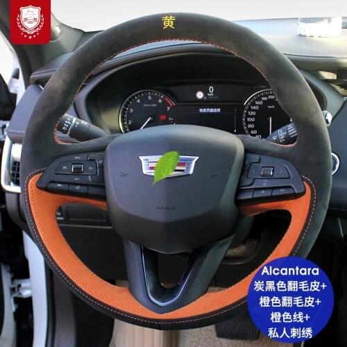 Real Alcantara Steering wheel cover for Cadillac CT65 CT4 XT6 XT5 XT4 suede hand-sewn grip cover Car goods Premium Car goods