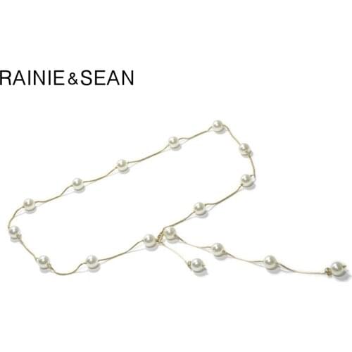 RAINIE SEAN Metal Chain Belt Pearl Wedding Belts For Women Thin Dress Belt Fashion Brand 2021 New Gold Female Strap