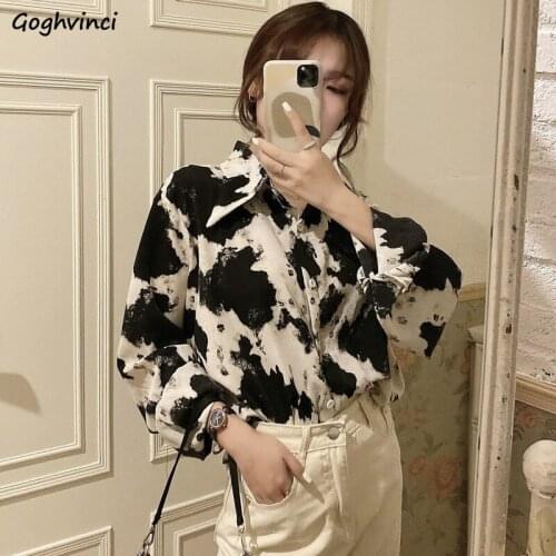 Shirts Women Milk Cow Pattern Turn-down Collar Shirt Womens Elegant Retro Fashion Loose Casual All-match Tops Chic Breathable