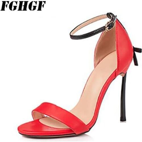 Sheepskin sandals for lady with high heels In the new style with one word belt buckle spell color bow sexy thin heel 8cm and 10