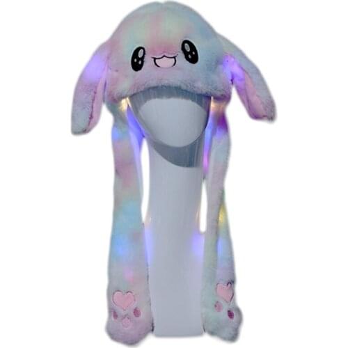 LED Glowing Rainbow Colorful Plush Animal Hat Lovely Moving Rabbit Bunny Ears Light Up Earflap Cap Cosplay Party Favors