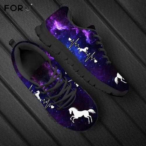 FORUDESIGNS Heart Beat Galaxy White Horse Printed Women Flats Sneakers Brand Design Spring/Autumn Lace Up Shoes Casual Footwear