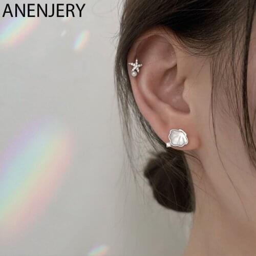 ANENJERY Minimalistic 925 Sterling Silver Shell Starfish Stud Earrings for Women Cubic Zircon Small Asymmetric Earrings S-E1340