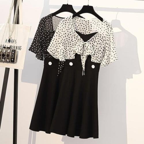 Plus size office ladies fake two piece dress Summer polka dot short sleeve polka high waist elegant A-line midi dresses vestidos