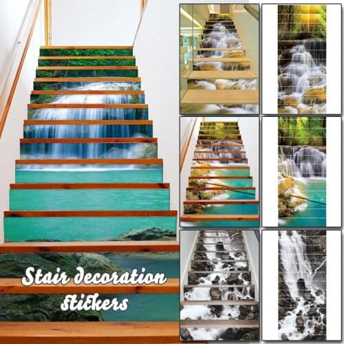 13pcs/Set Landscape Waterfall Stair Floor Stickers Waterproof Removable Step Floor Art Poster Self-adhesive Waterproof Wall Post