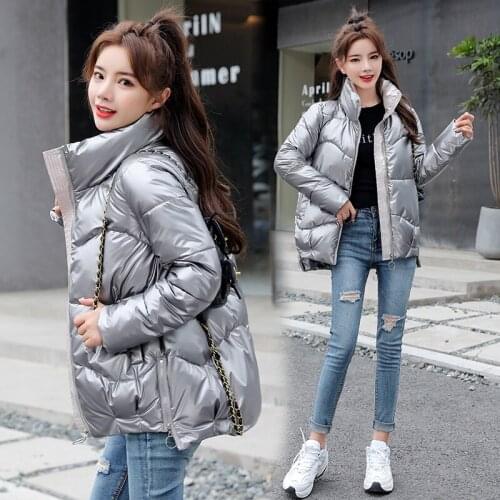 2021 Fashion Plus size Parkas Female Stand Collar Glossy Winter Jacket Warm Short Coat Cotton padded Women Outerwear Casual Tops