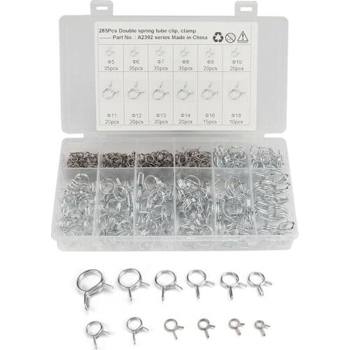 285pcs Metal Double Wire Fuel Line Hose Tube Clamp Spring Clips Assortment Carbon Steel Wire Spring Tube Hoses Clamp Accessories