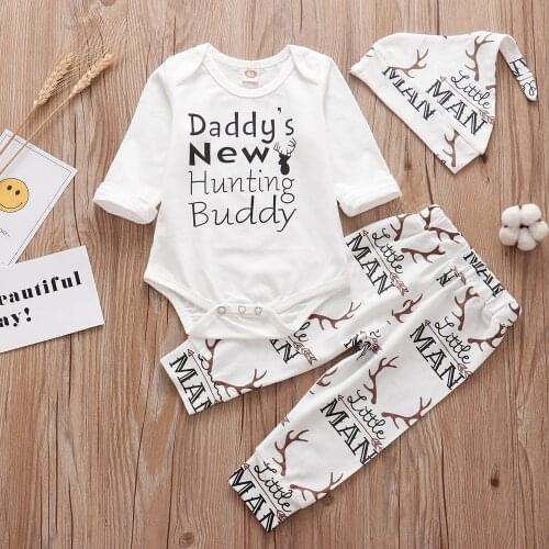 3PCS Newborn Infant Baby Boys Girls Clothes Sets 2020 Xmas Costumes Daddys Hunting Buddy Romper+Deer Pants+Hat Bebe Kid Outfits