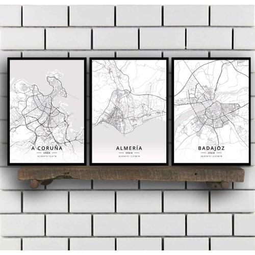A Coruna Almeria Badajoz Bilbao Catral Gijon Girona Granada Huelva Ibiza Las Palmas Leon Madrid Malaga Spain Map Poster