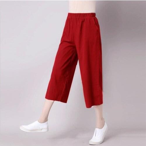Summer Trousers Cotton Linen Straight Cool Woman Pants Casual Calf-length Wide Leg Pants 2020 Plus Size M-7XL Vintage Pants Red