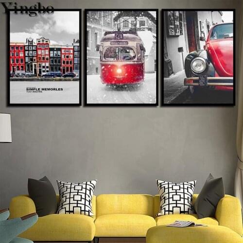 Diy 5d square diamond painting 3 pcs/set "City House And Tram Bus Car" round diamond embroidery mosaic home decor handmade gift