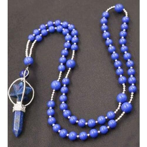 KFT Silver Plated Natural Lapis Lazuli Pendulum Hexagon Healing Reiki Merkaba Round Beads Long Chain Pendant Spiritual Necklace