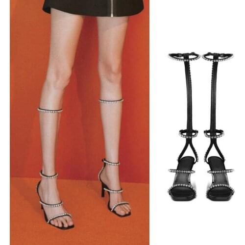 Fashion woman diamonds Roman sandals high strap new summer rhinestone stiletto high heel knee high woman sandals ins