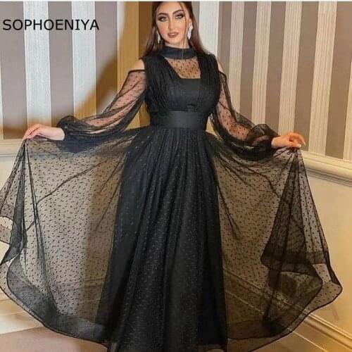 New Arrival High Neck Long sleeve Evening dresses 2021 Black Tulle Evening gowns Abaya dubai Party dress Vestidos de fiesta