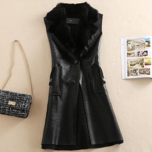 Arrival Women Vest Rabbit Fur Black pU leather Long Jacket Coat Vest Outerwear 3XL