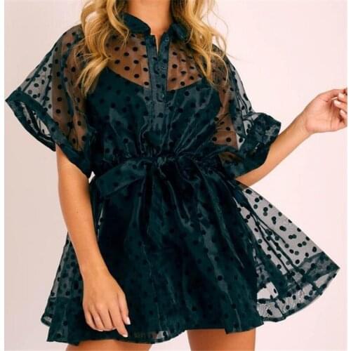 Sexy Women Mesh Cover ups Summer Polka Dot Print See-through Swimsuits Bikinis Dress Batwing Sleeve Lace-up Bathing Beachwear