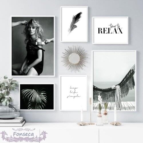 Fashion Model Girl Feather Posters and Prints Black White Relax Breathe Quotes Wall Art Canvas Painting Modular Pictures