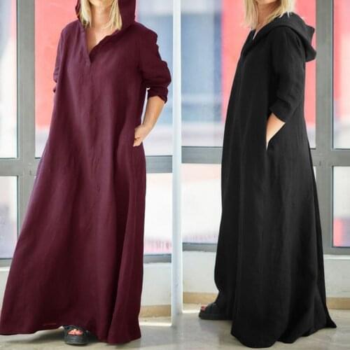 Turkey Arab Muslim Hooded Maxi Dress Women Plus Size Vintage Cotton Linen Female Casual Hoodies Vestidos Long Sleeve Robe 5XL