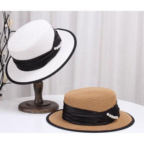 Summer Womens Boater Beach Hat Wide Brim Female Casual Panama Hat Lady Elegant Flat Pearls Bowknot Straw Sun Hat Women Fedora