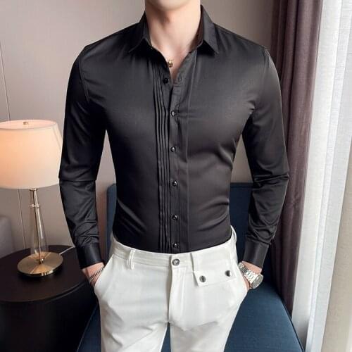 Vintage Royal Long Sleeve Mens Shirt Soolid Color Slim Fit Business Social Party Tuxedo Men Clothing Streetwear Casual Shirt