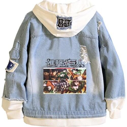 Anime Jeans Jacket Attack On Titan Cartoon Hoodies The Final Season Harajuku Streetwear Fake Two Piece Sweatshirt Denim Coats
