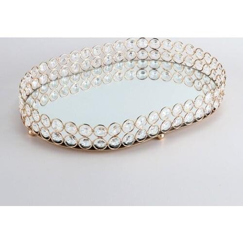 Golden Delicate Jewelry Storage Tray Glass Mirror Base Bedroom Desktop Cosmetic Decorative Organize Plate Tray