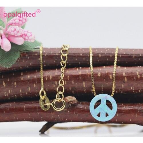 1pc/pc)Hot Sale High Quality 925 Silver gold Chain Opal Necklace 10mm op72 Synthetic Peace Sign Opal Pendant Necklace For Women