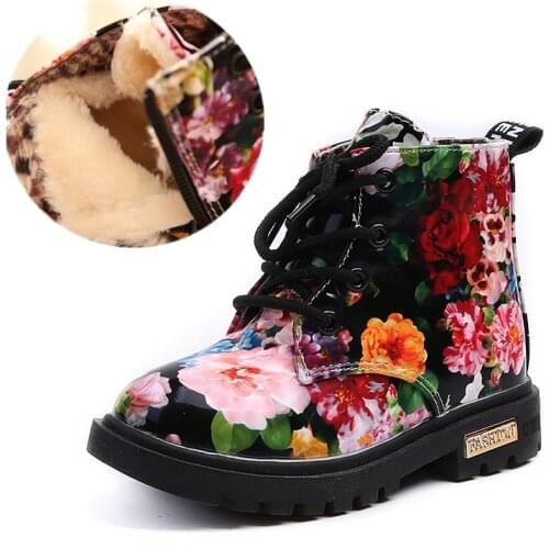 2021 New Children Snow Boots Velvet Martin Boots for Girls PU Leather Waterproof Kids Winter Shoes Child Plush Rubber Sneakers