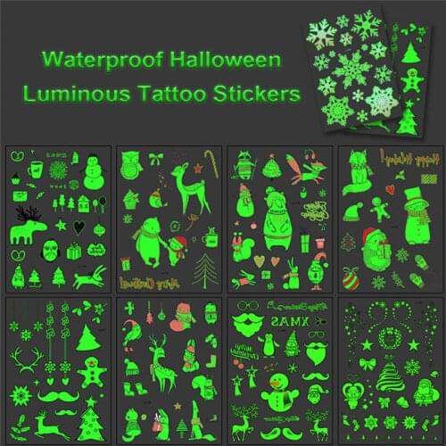 9 kinds Luminous Tattoo Halloween Party Cartoon Pirate Deer Temporary Body Sticker Disposable Waterproof Tatouage Temporaire
